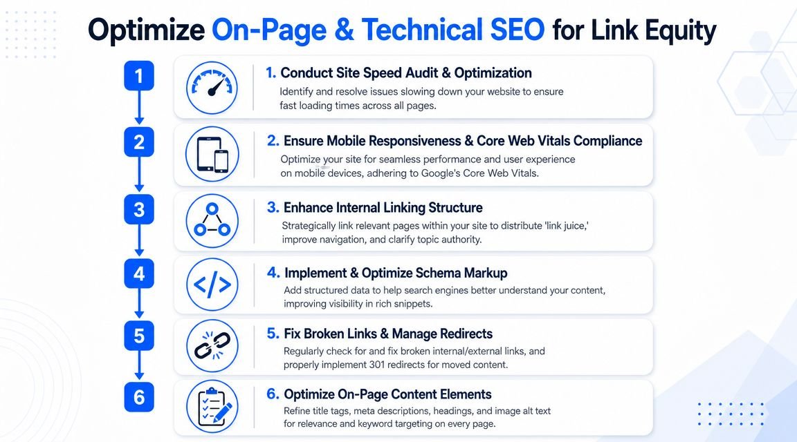 An infographic illustrating six steps to optimize on-page and technical SEO for better link equity.