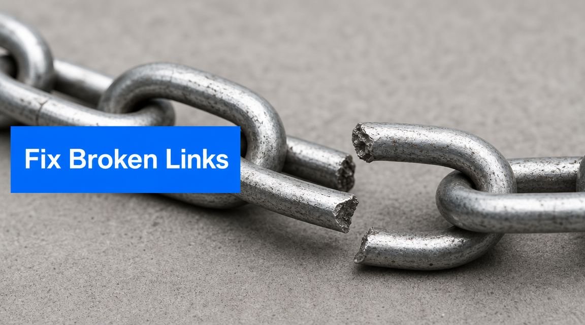 A close-up shot of a broken metal chain with the text Fix Broken Links overlaid on blue.