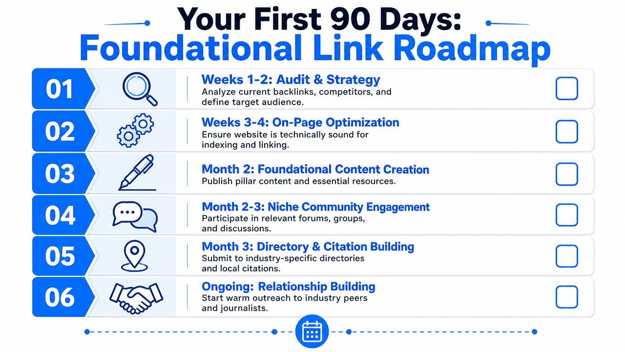 A six-step roadmap for link building success covering strategy, content creation, community engagement, and ongoing relationship building.