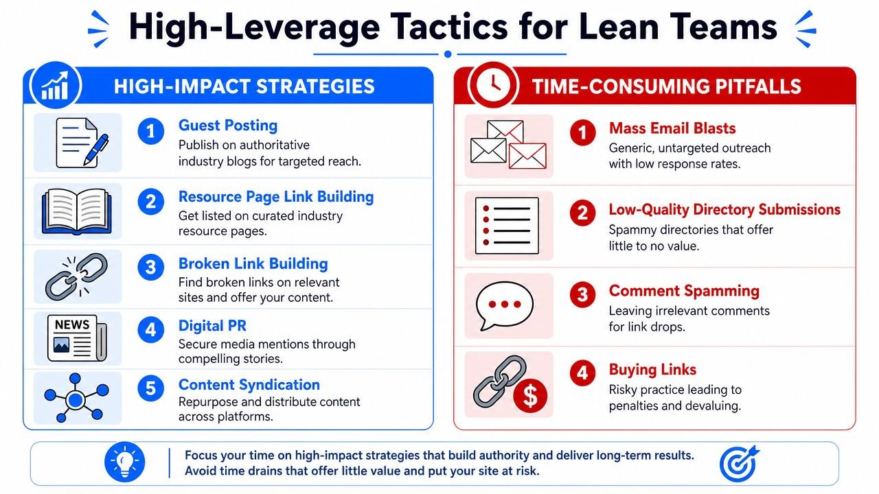 A comparison chart showing effective SEO link building strategies versus time-consuming pitfalls for lean marketing teams.