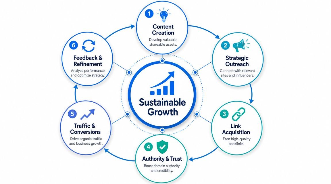 A circular diagram illustrating a six-step process for achieving sustainable growth through content and SEO strategies.