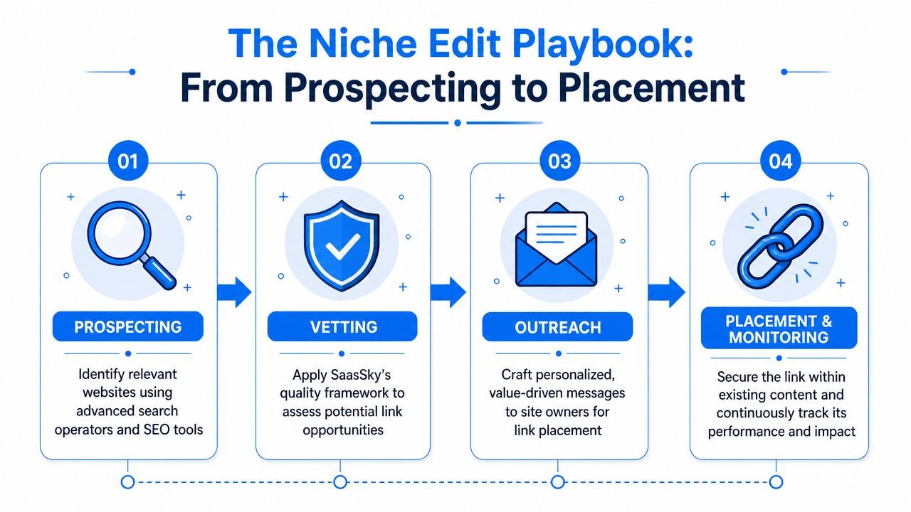 A flowchart titled The Niche Edit Playbook showing four steps: prospecting, vetting, outreach, and placement.