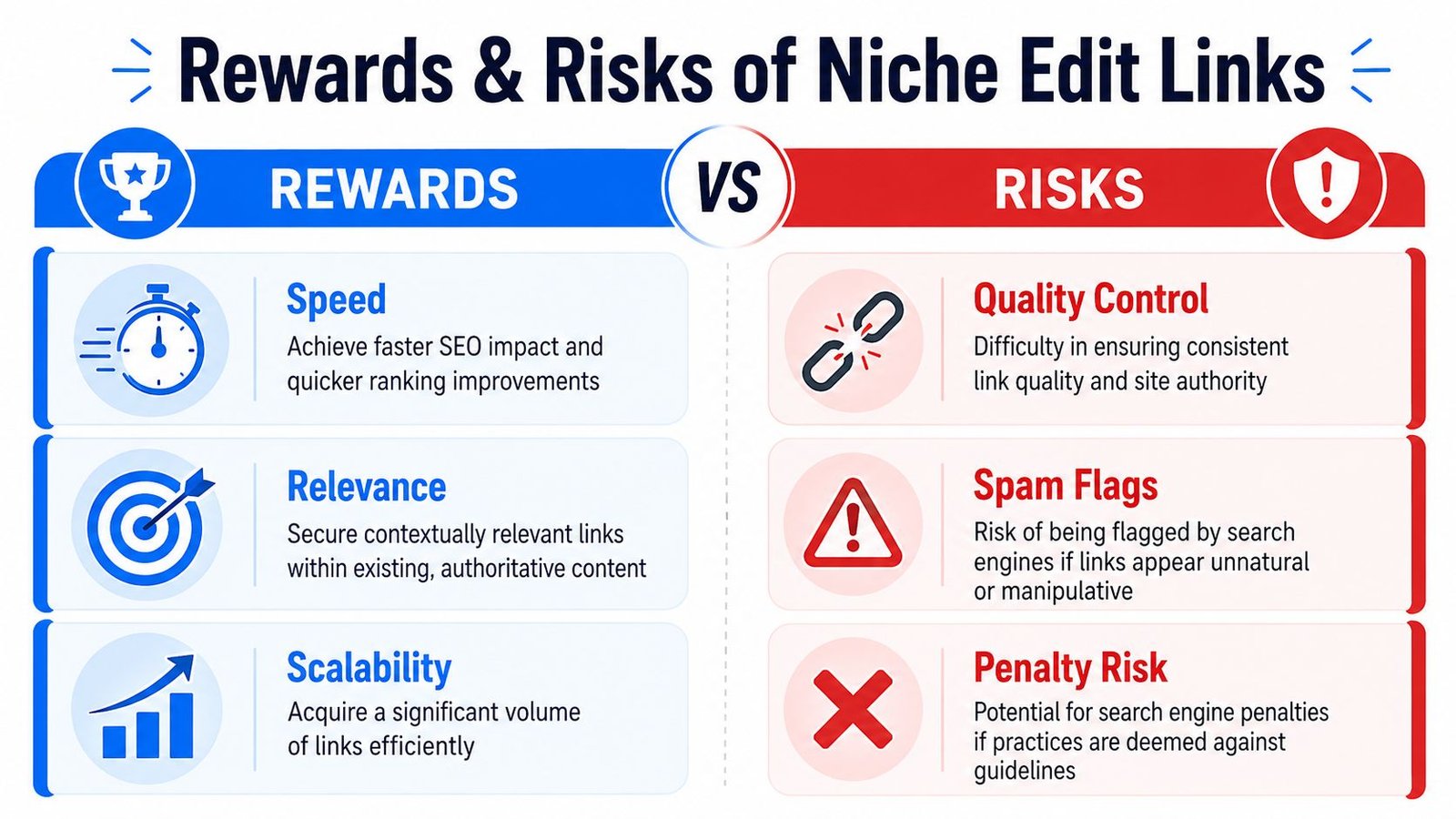 A comparison infographic showing the SEO rewards versus the potential risks of using niche edit links.