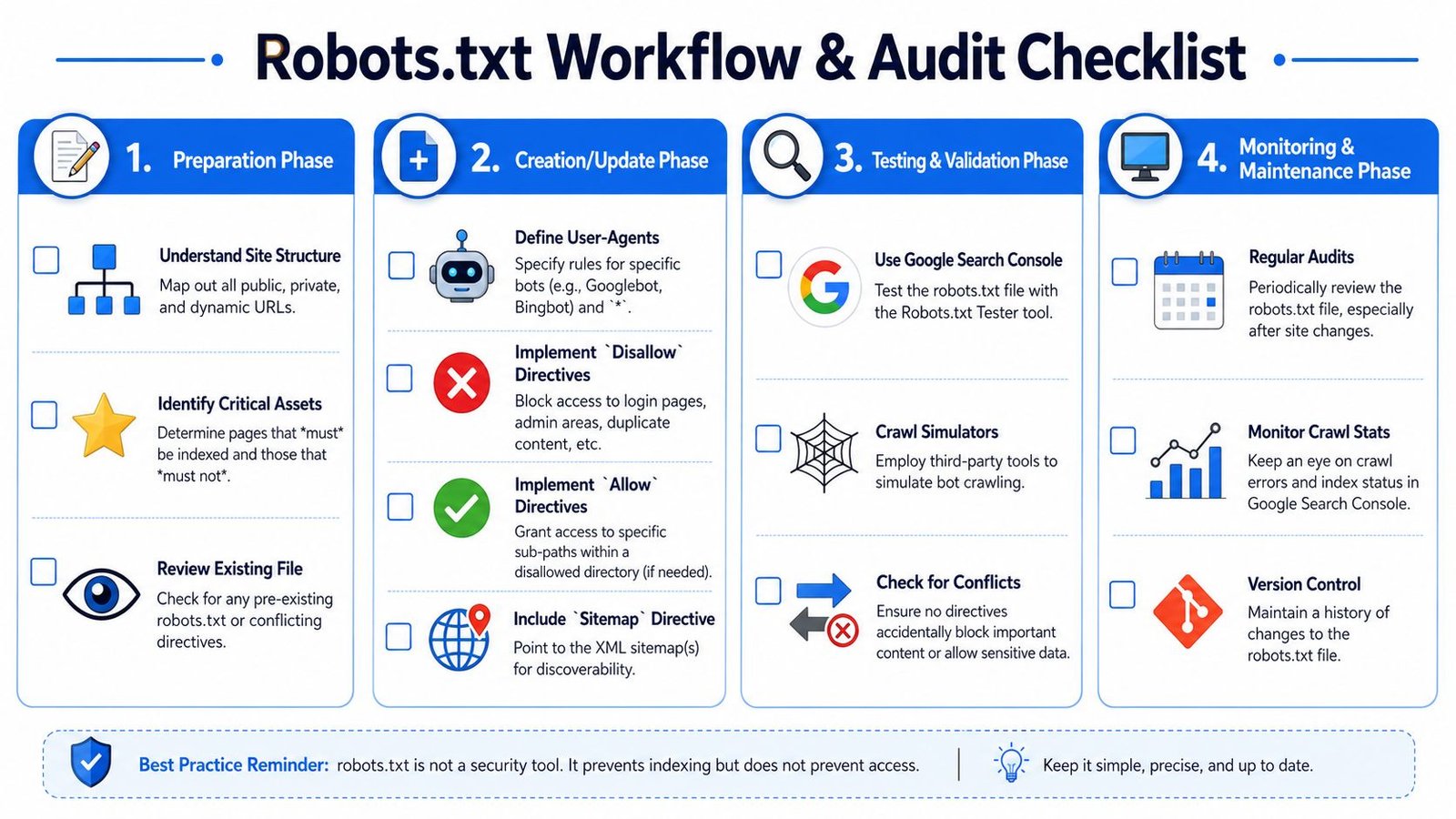 A comprehensive four-phase workflow checklist for creating, testing, and maintaining a website robots.txt file.