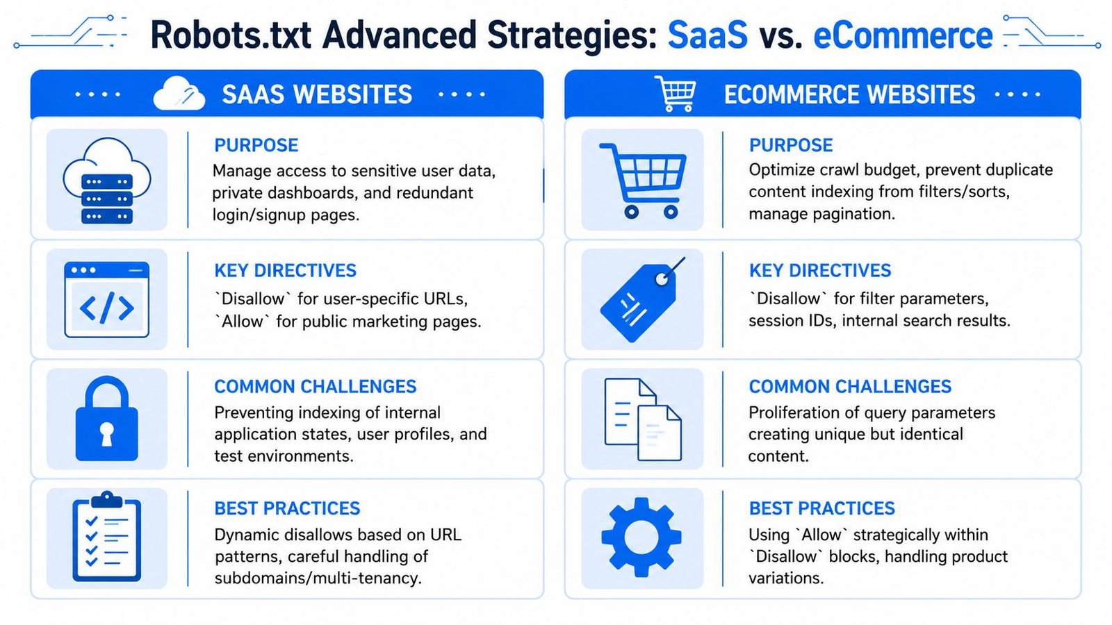 A comparison chart outlining advanced robots.txt strategies for SaaS websites versus eCommerce websites for SEO optimization.