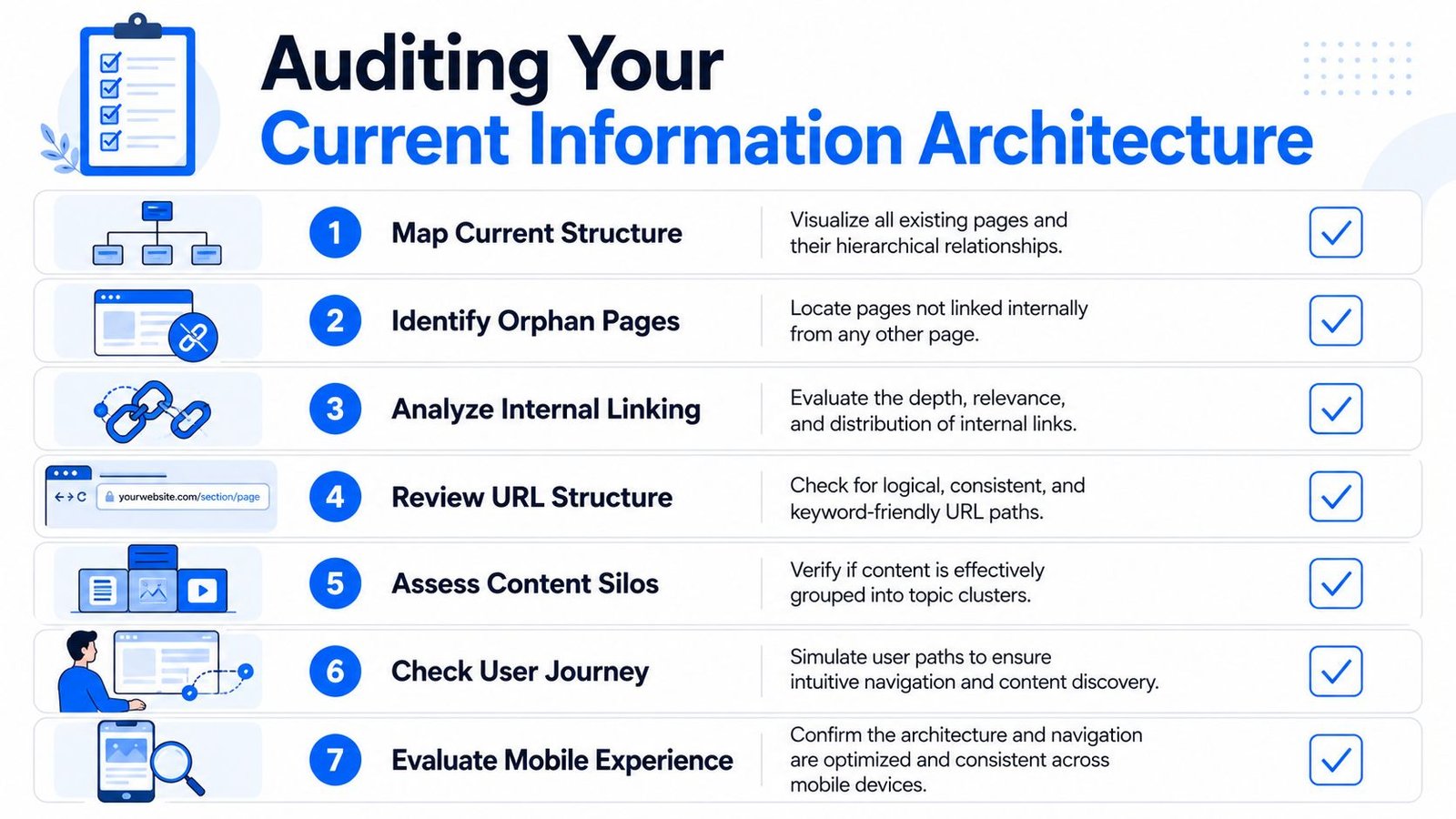 A checklist infographic illustrating seven essential steps for auditing information architecture for improved website structure and SEO.