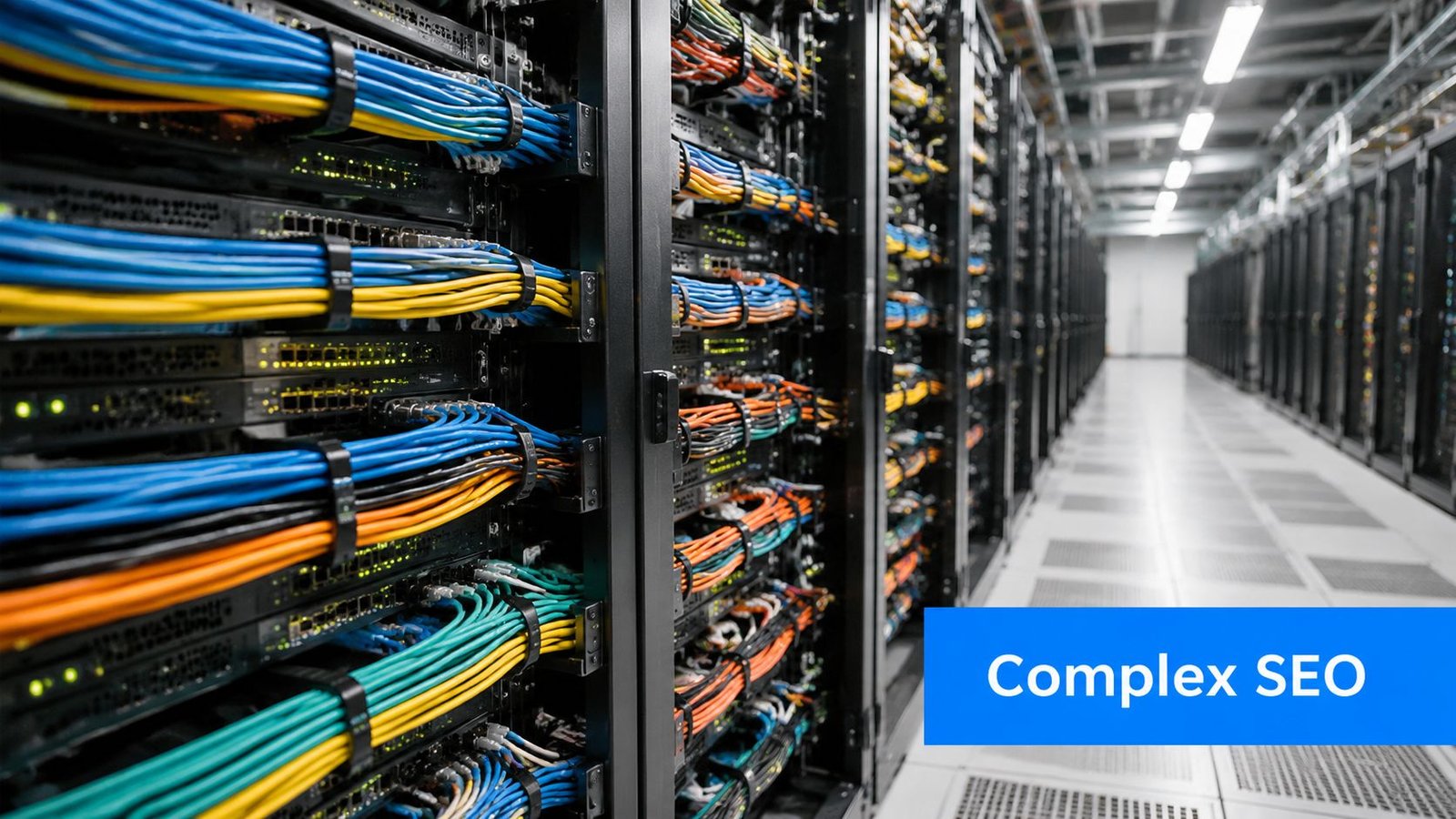 A row of server racks in a high-tech data center with organized colorful ethernet cables connected.