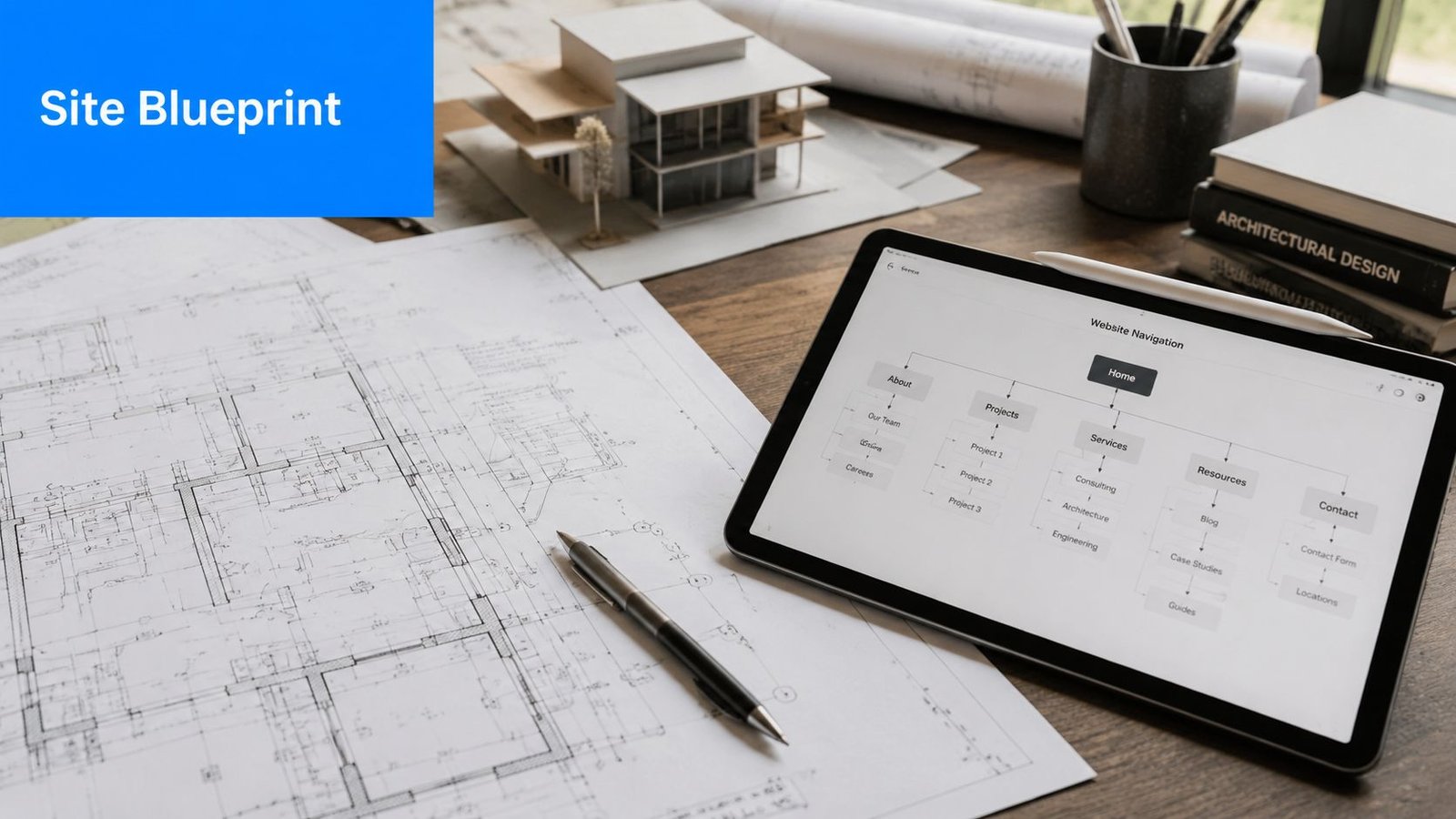 A digital tablet displaying a website structure diagram next to a physical architectural blueprint on a table.