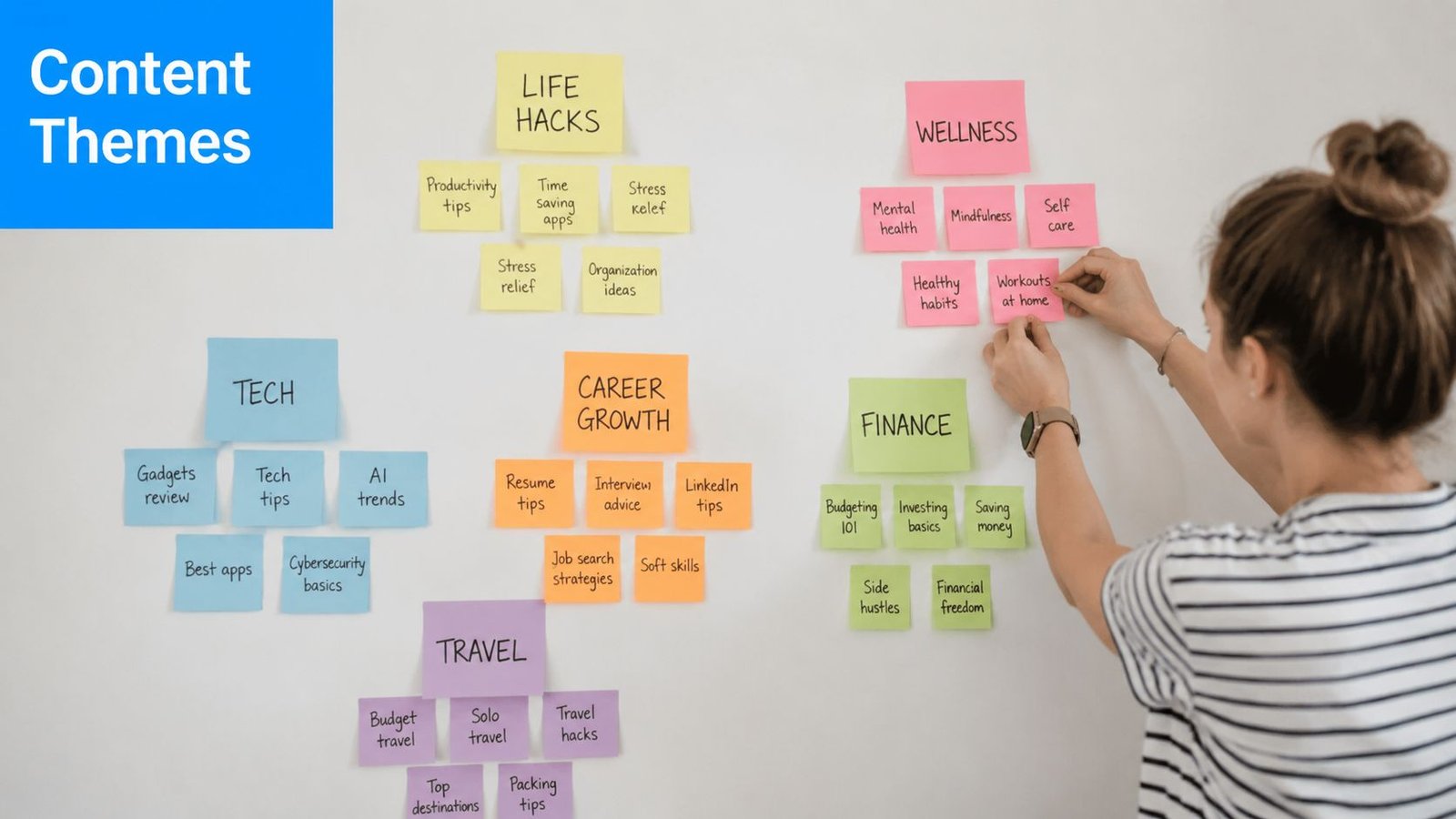 A woman organizing colorful sticky notes representing various content themes on a white wall.