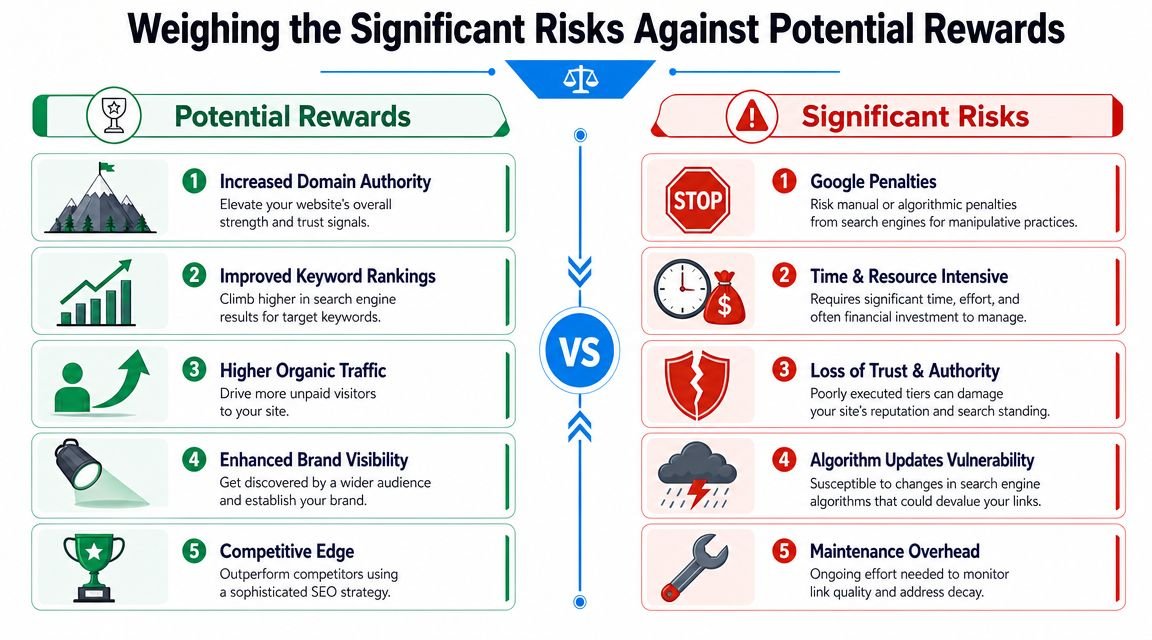 A comparative chart showing potential rewards versus significant risks involved in tiered link building strategies.