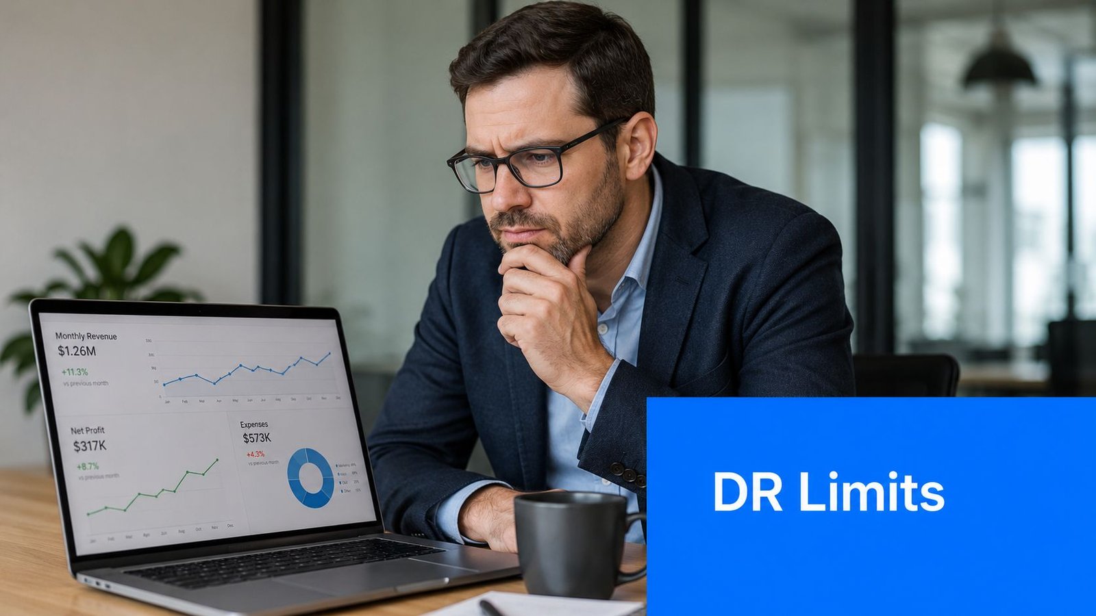 A professional businessman analyzing financial charts and data on a laptop screen while sitting at his desk.