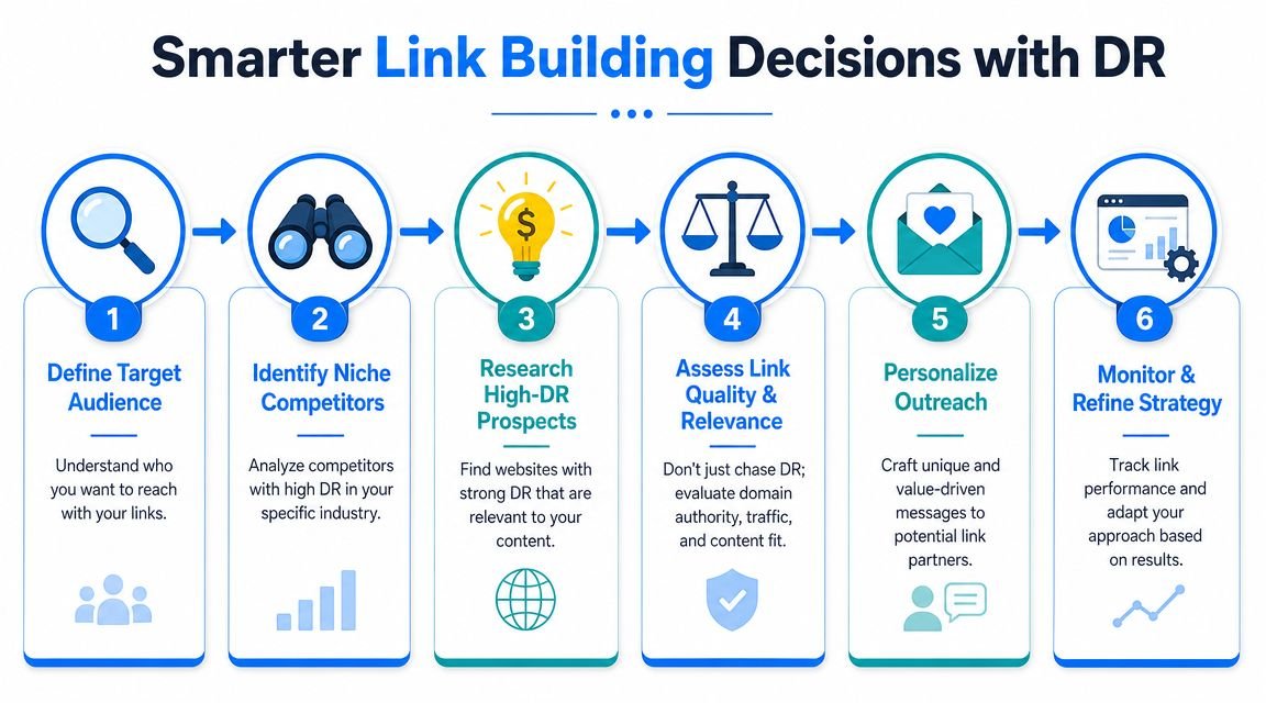 A flowchart infographic outlining six steps for making smarter link building decisions using domain rating metrics.