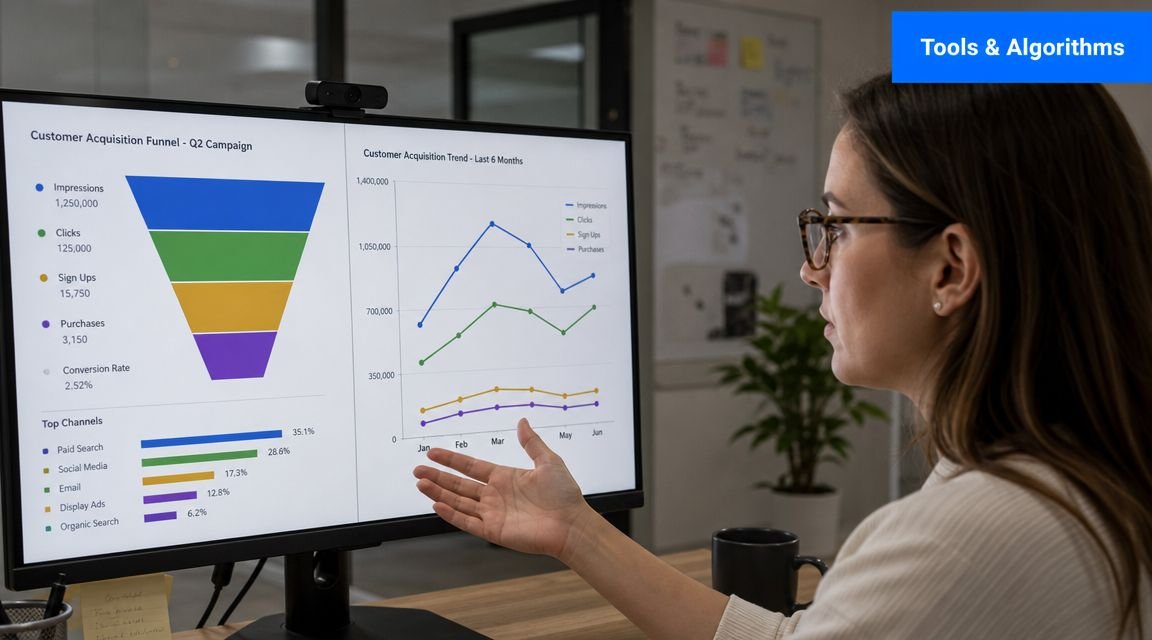 A businesswoman analyzing customer acquisition funnel charts and data trends on a large computer monitor in office.