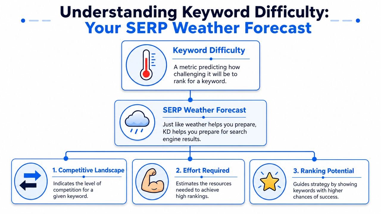 A flowchart explaining keyword difficulty as a SERP weather forecast for search engine optimization planning.