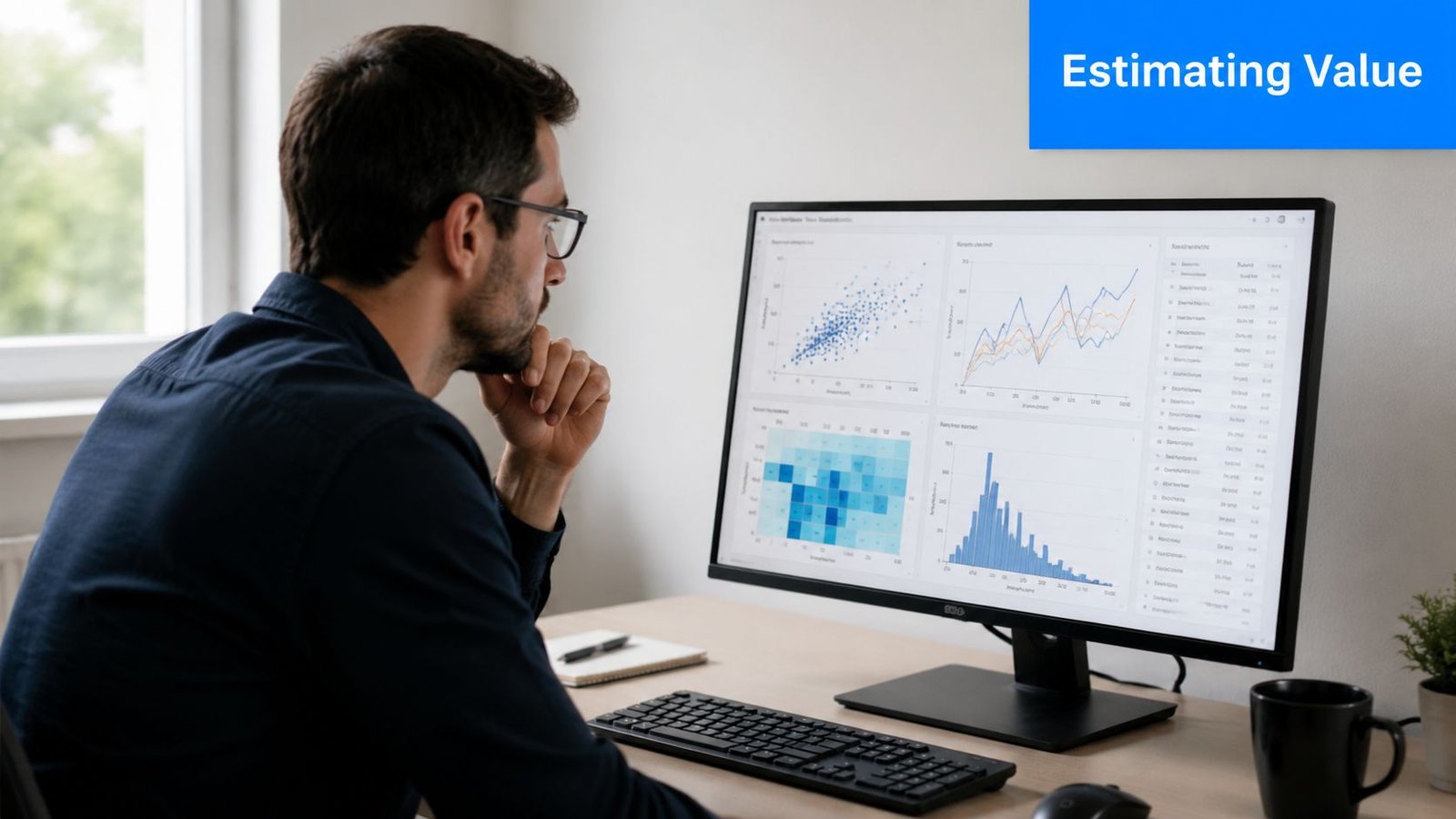 A professional man analyzing business data charts on a computer monitor while sitting at his desk.