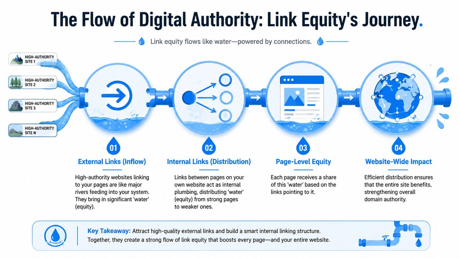 A diagram illustrating how digital authority flows through a website using the water pipe analogy.