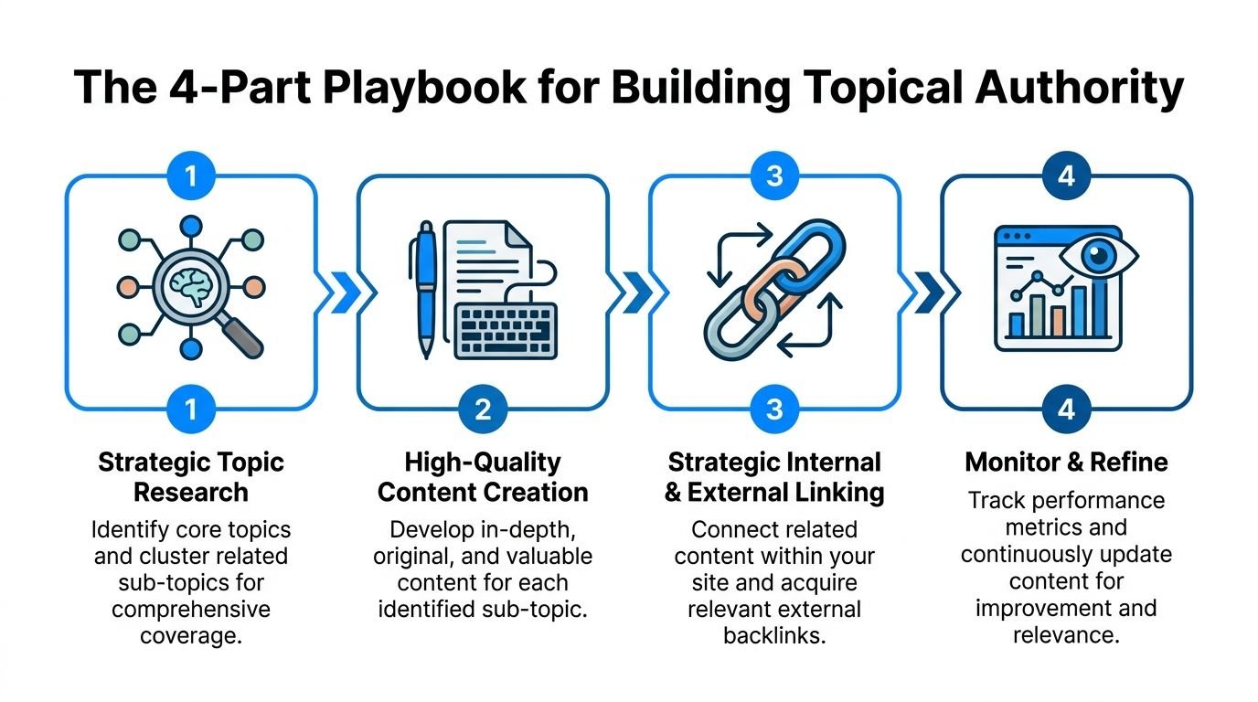A four-step infographic showing the process for building topical authority through research, content creation, linking, and monitoring.