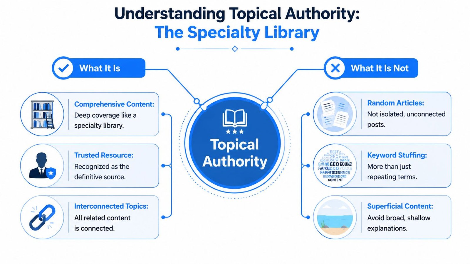 A diagram comparing characteristics of topical authority, illustrating it as a comprehensive specialty library versus isolated, superficial content.