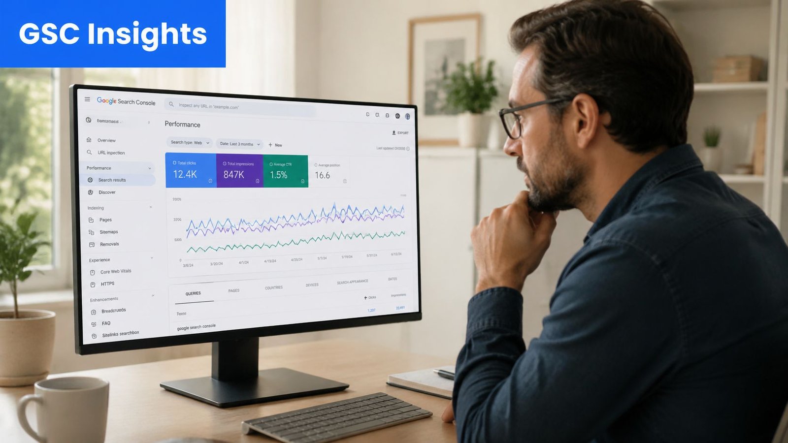 A professional analyzing Google Search Console data on a desktop computer screen in a home office.