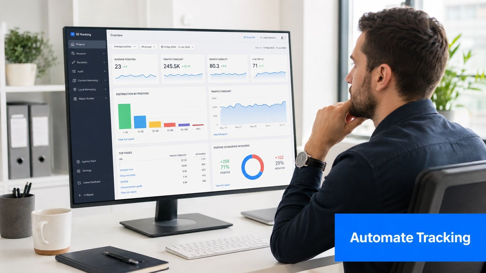 A professional analyzing SEO data and search rankings on a large monitor in a modern office.