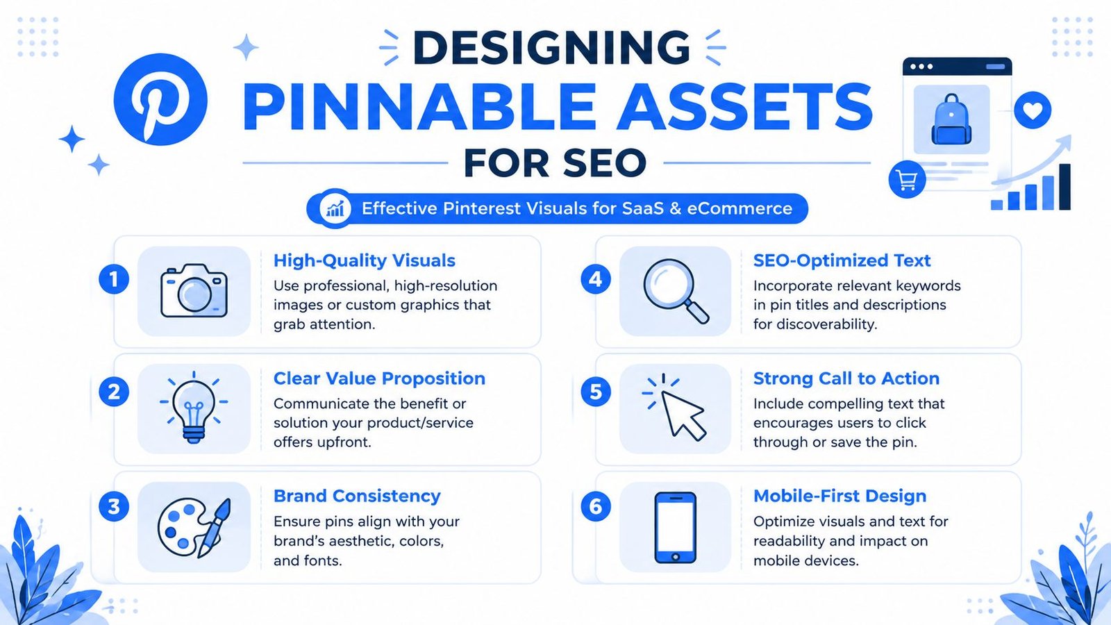 An infographic detailing six essential design tips for creating SEO-friendly and effective Pinterest assets for brands.