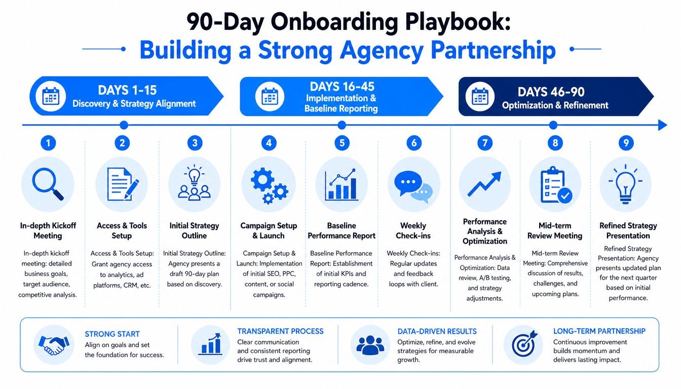 A 90-day onboarding playbook infographic outlining the steps for building a successful agency and client partnership.