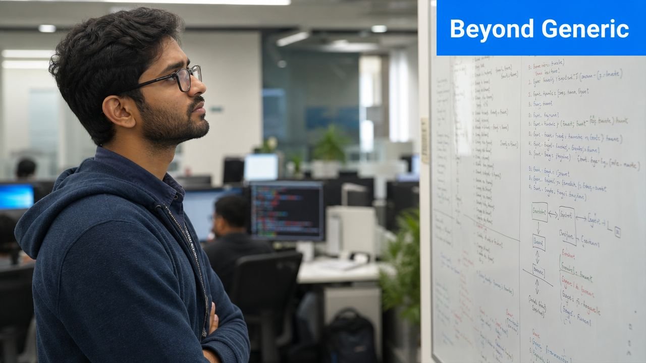 A professional software developer analyzing complex architectural diagrams on a whiteboard in a modern office environment.