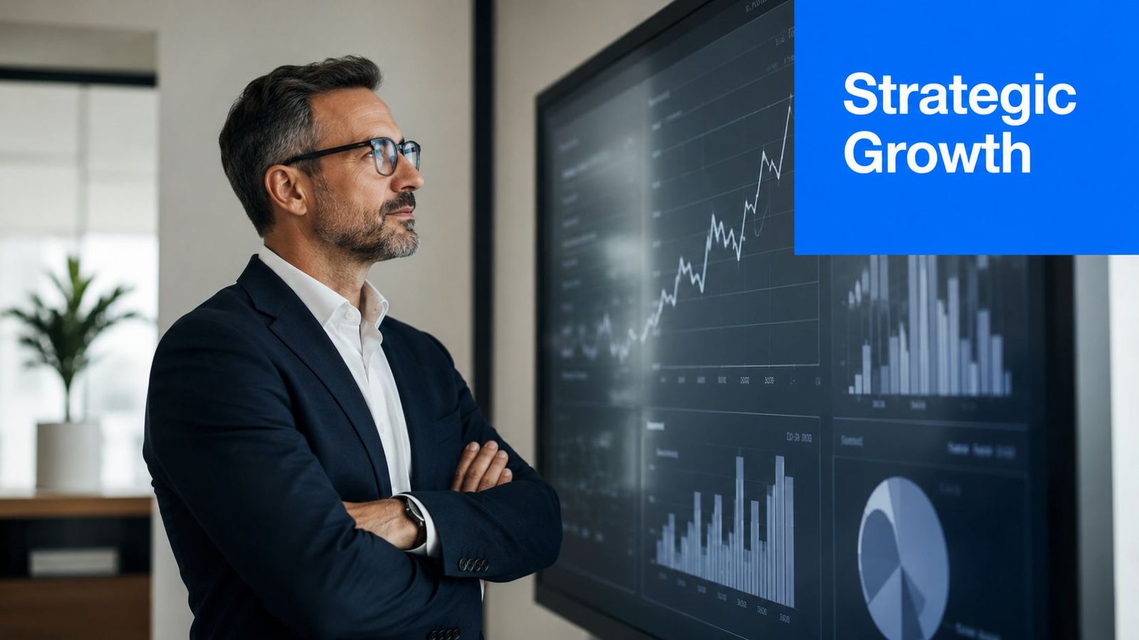 A professional man in a suit looking at data charts and graphs displayed on a large screen.