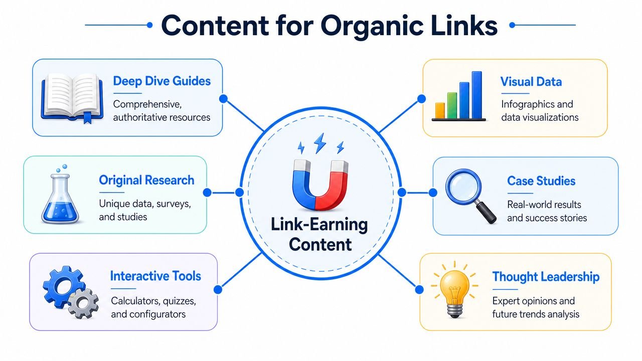 A diagram illustrating six types of content that effectively earn organic backlinks for websites and SEO.
