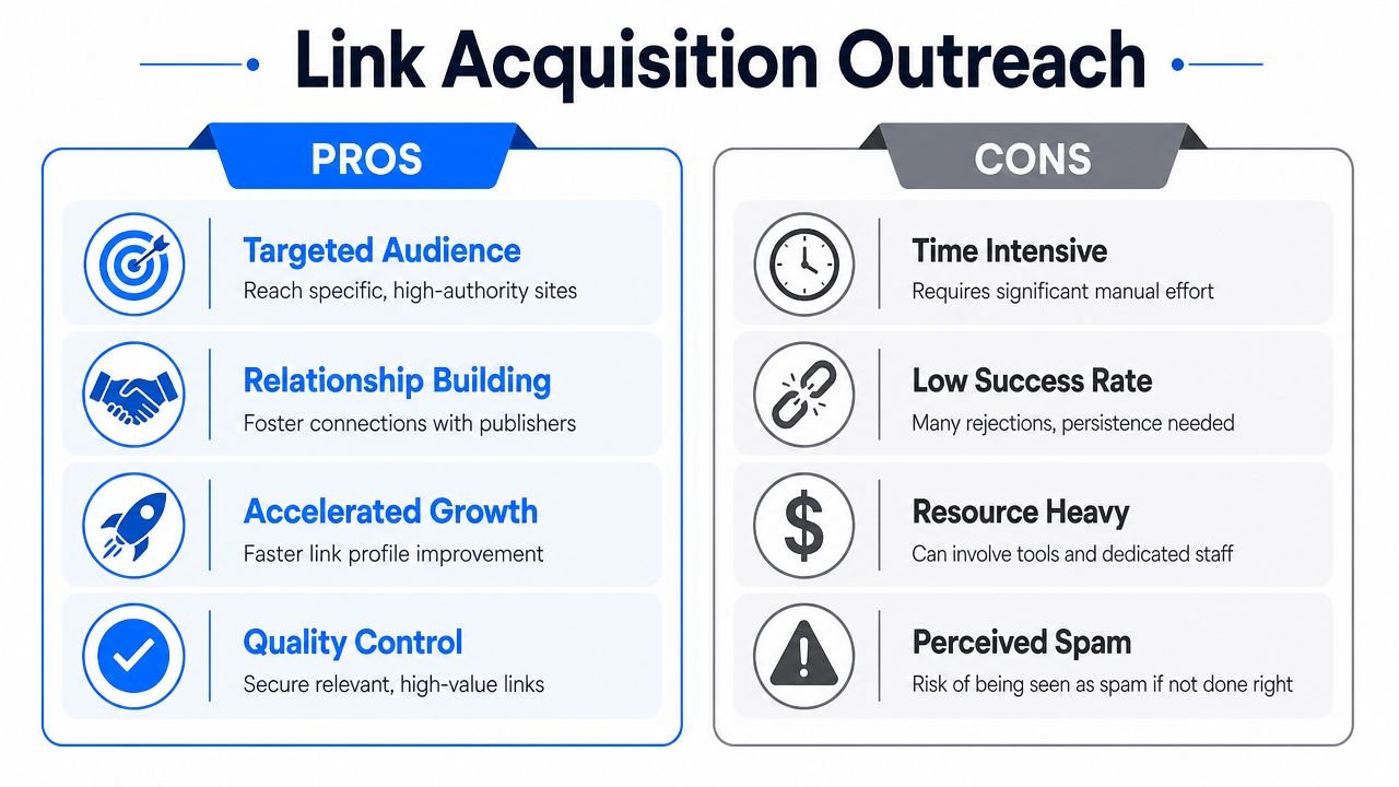 A comparison chart highlighting the pros and cons of link acquisition outreach for SEO strategy optimization.