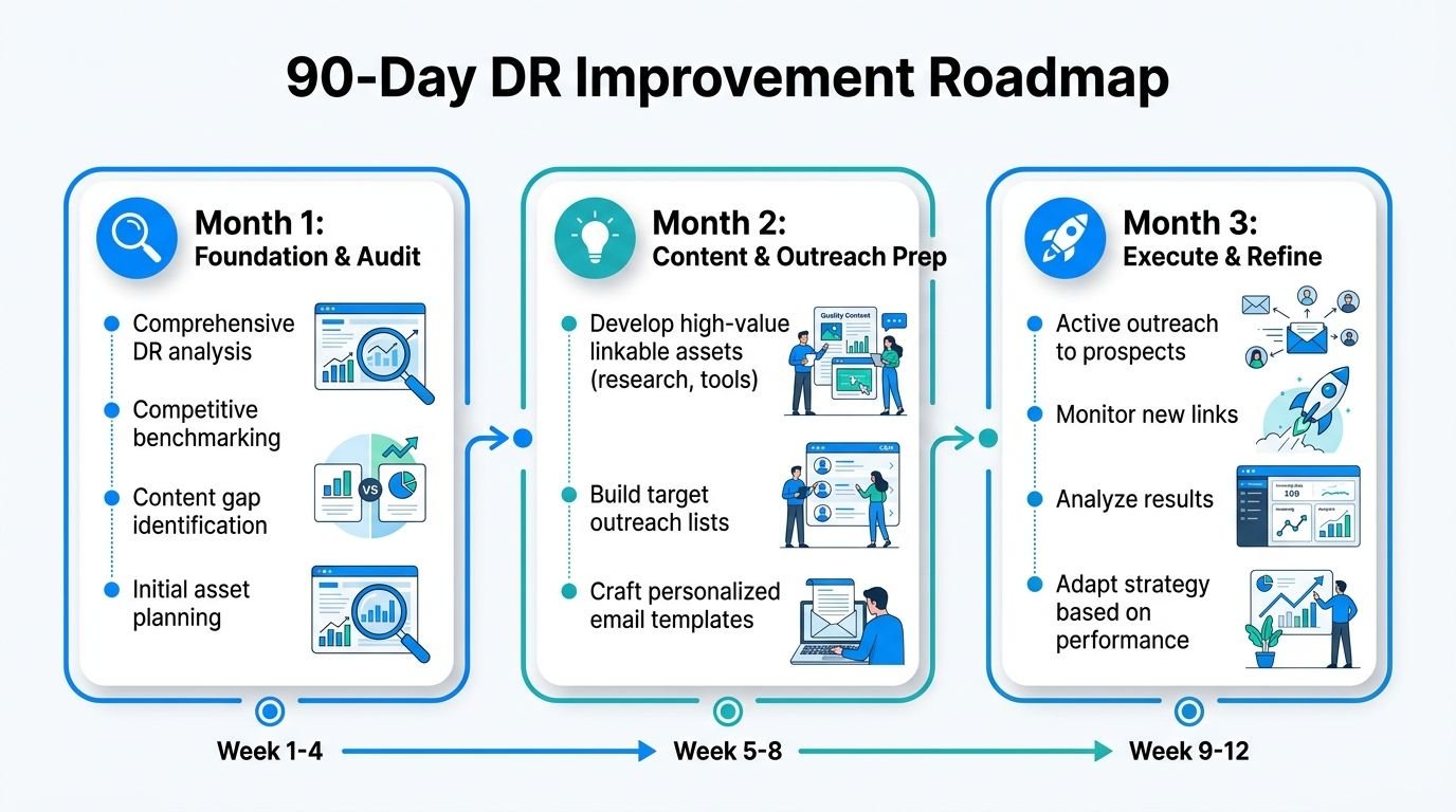 A 90-day SEO roadmap infographic detailing the strategy for improving website Domain Rating through auditing and outreach.