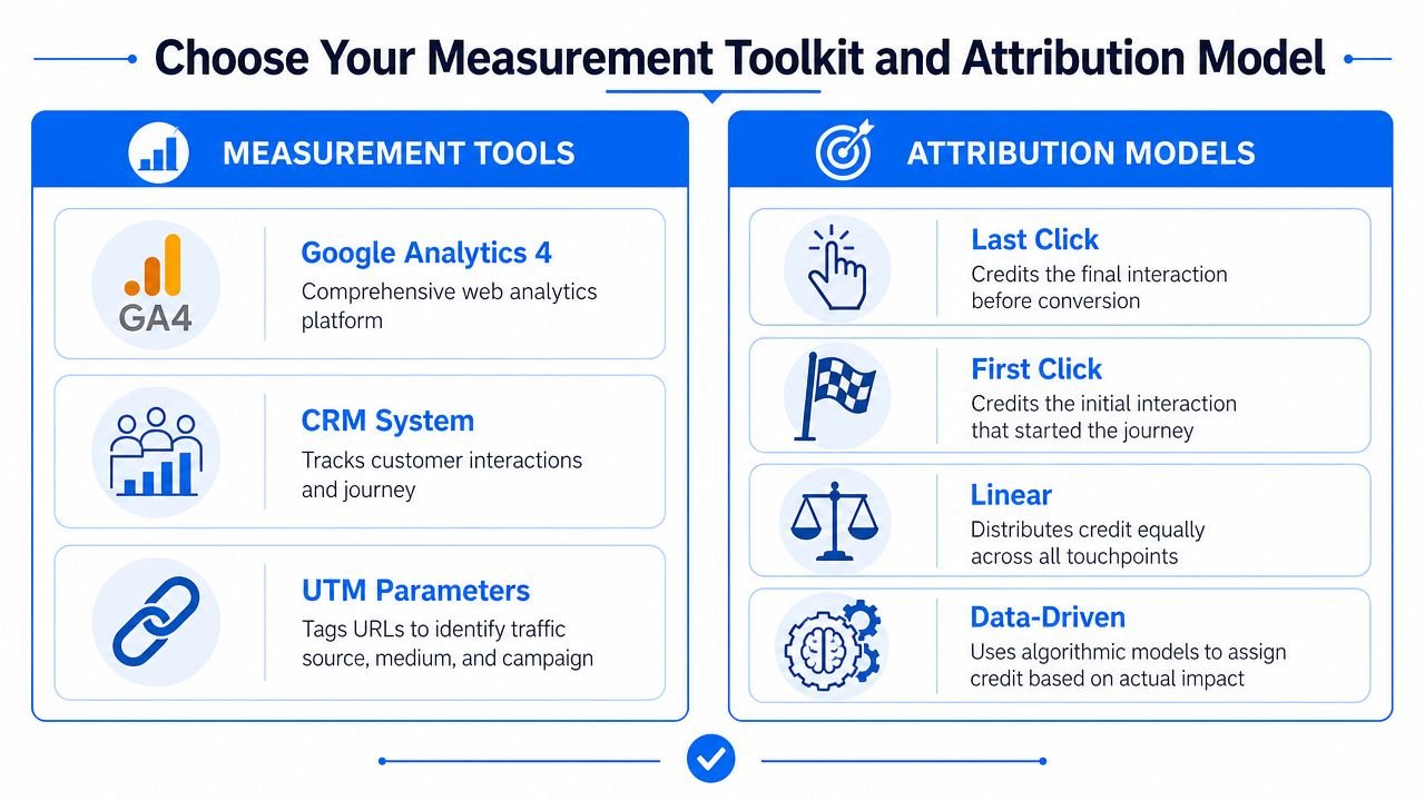 A diagram outlining essential measurement tools and common attribution models for digital marketing campaign analysis.