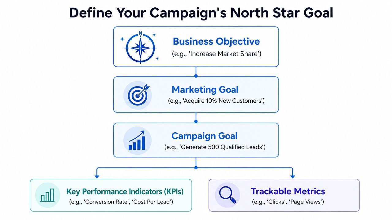 A flowchart diagram illustrating the framework for defining a marketing campaign's North Star goal hierarchy.