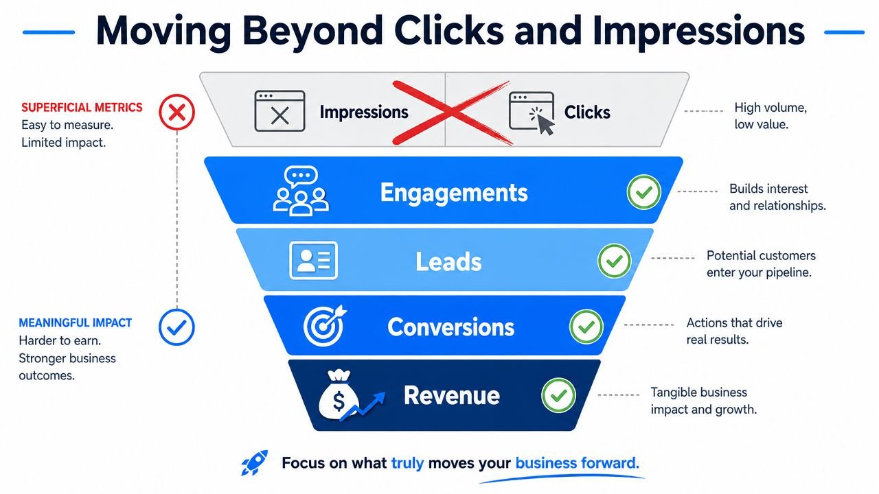 A marketing funnel diagram showing the transition from superficial metrics to meaningful business revenue outcomes.