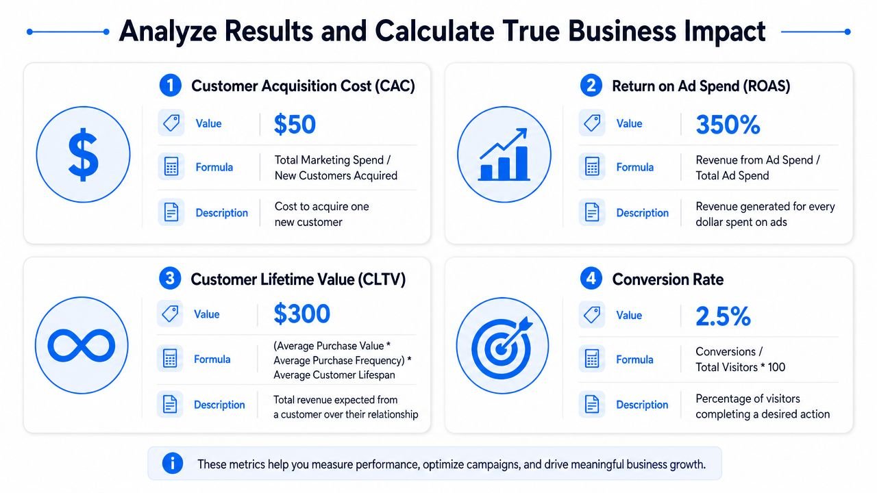 A business infographic illustrating four key performance indicators: CAC, ROAS, CLTV, and conversion rate with their formulas.