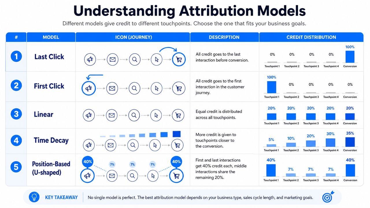 A chart illustrating five different marketing attribution models and how they distribute credit for customer conversions.