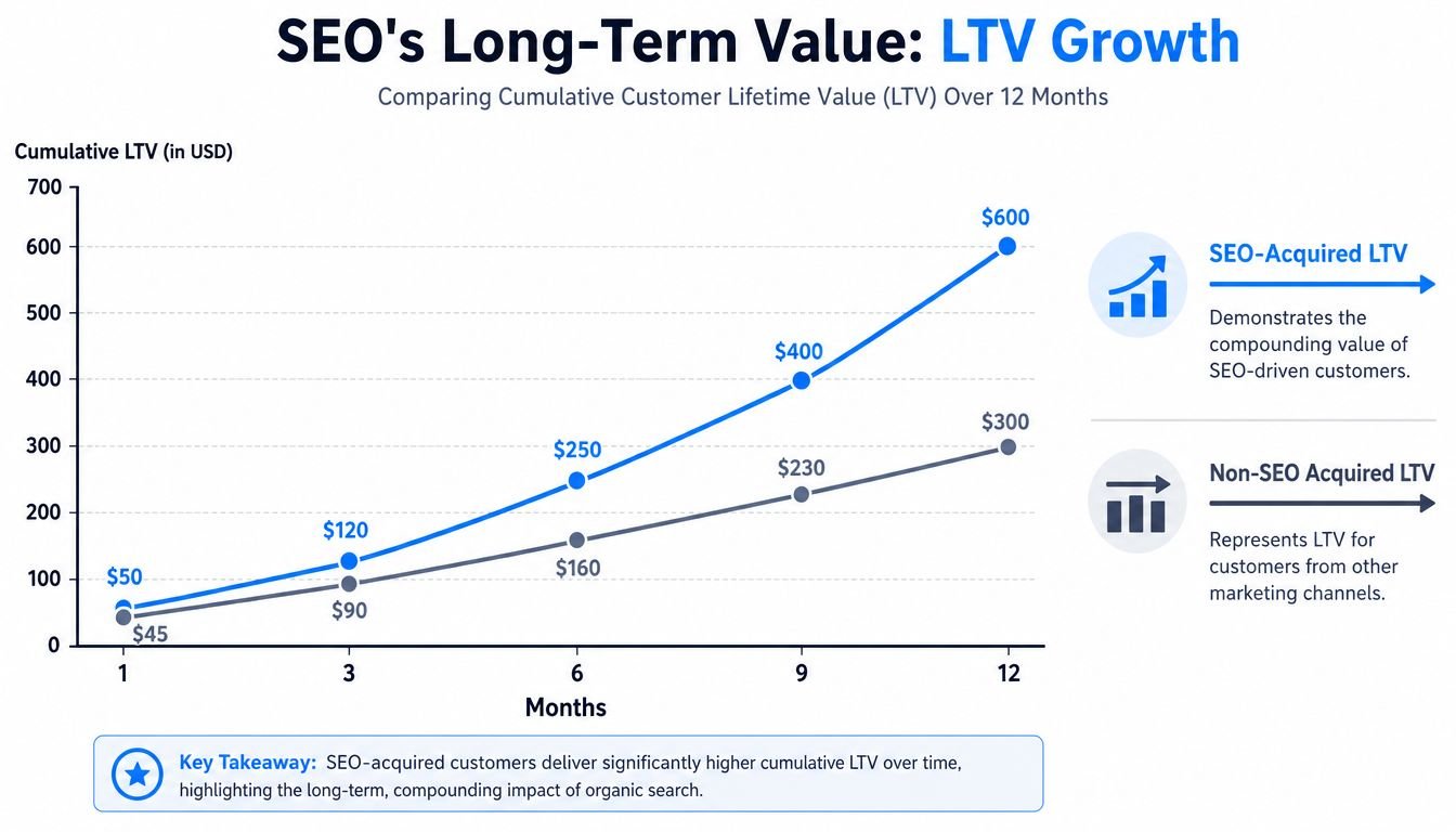 Line chart comparing the cumulative customer lifetime value of SEO-acquired versus non-SEO-acquired customers over twelve months.