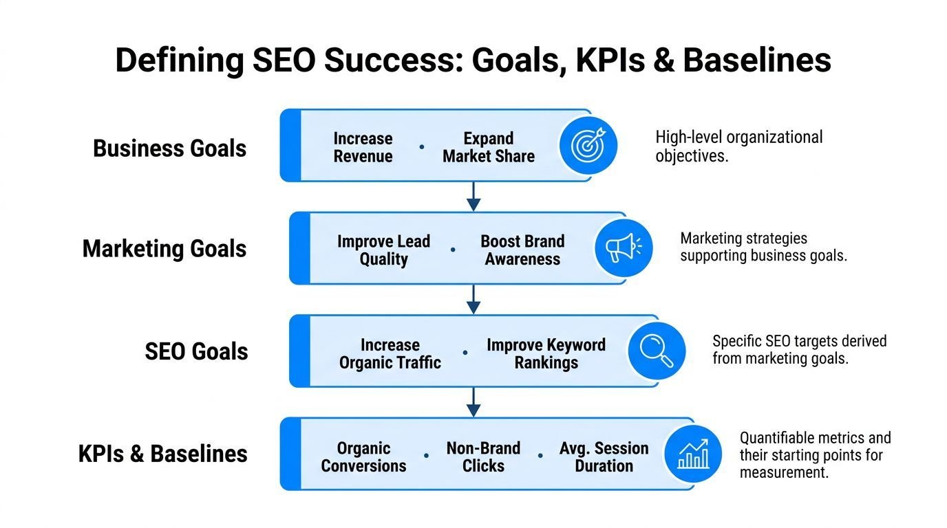 A diagram illustrating the hierarchy of defining SEO success from high-level business goals to specific KPI metrics.