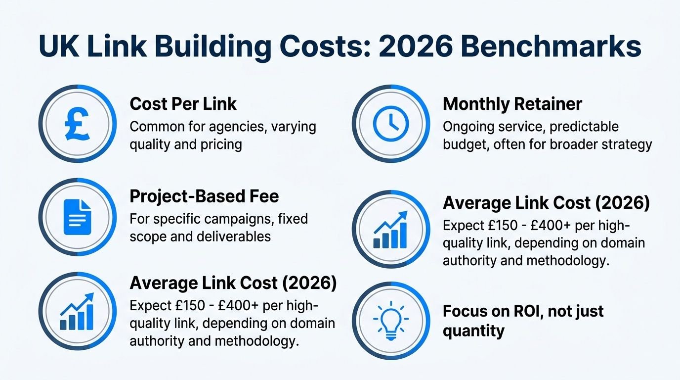 An infographic showing UK link building costs and pricing models for 2026 digital marketing services.