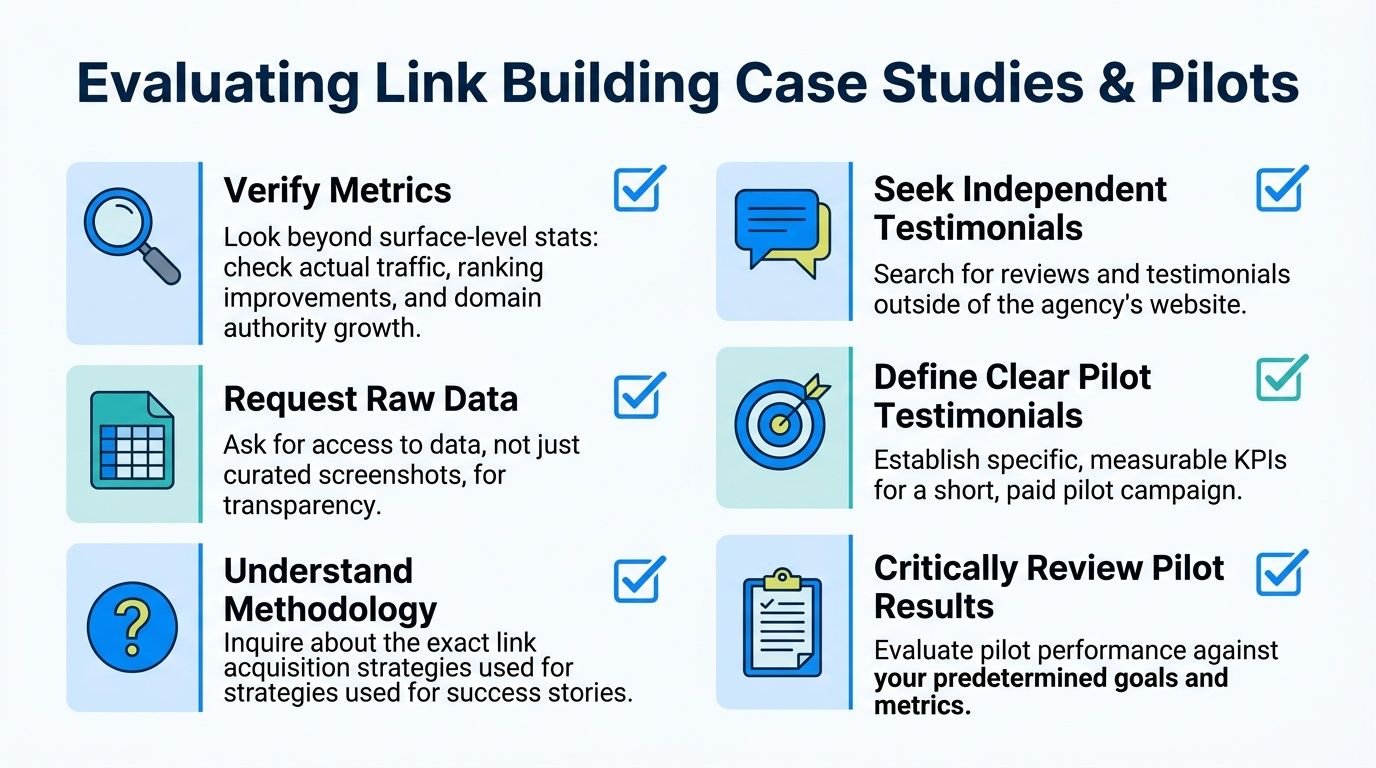 A list of six actionable steps for evaluating link building service providers through case studies and pilot campaigns.