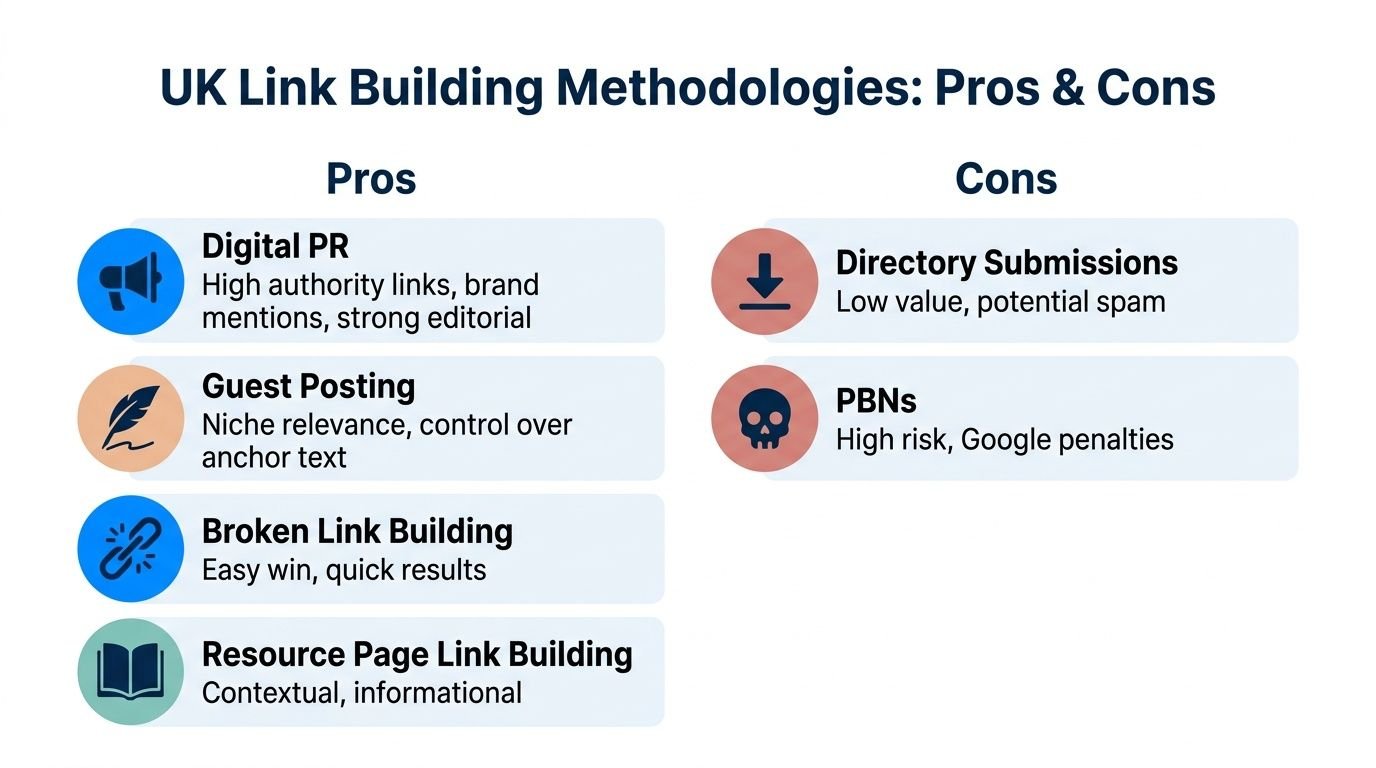 A comparison chart showing pros and cons of various link building methodologies used in the UK.