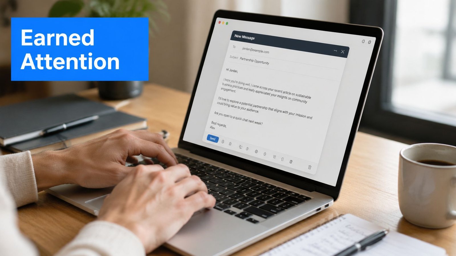 A person writing an email on a laptop computer about a business partnership opportunity.