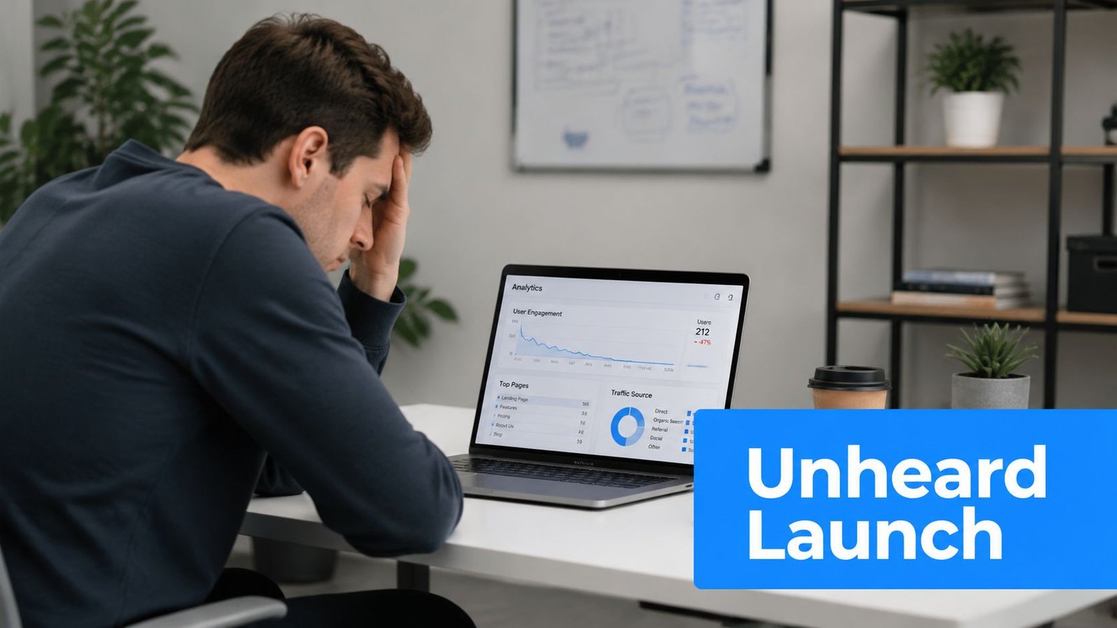 A stressed man looking at declining website analytics on a laptop screen after a failed product launch.