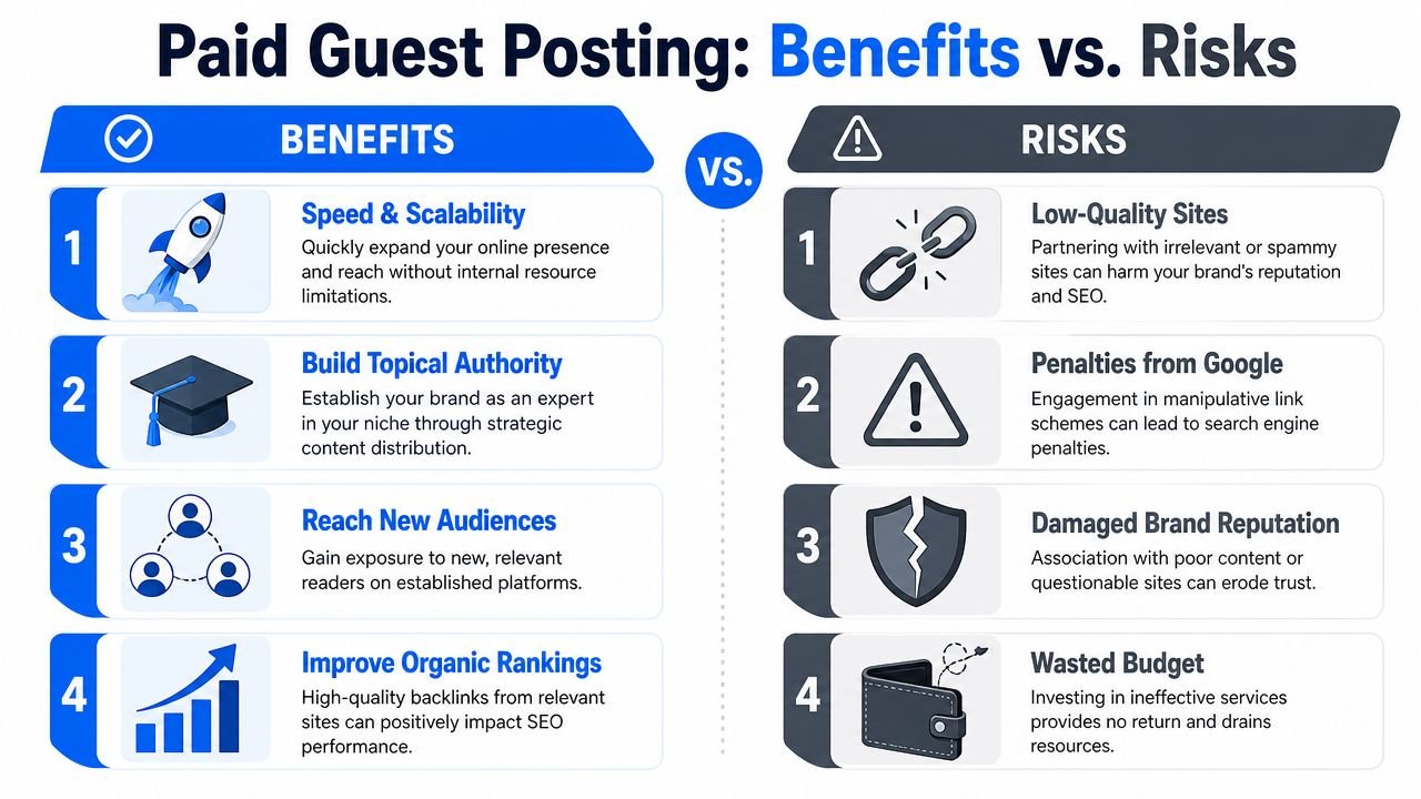 An infographic titled Paid Guest Posting: Benefits vs. Risks comparing four advantages and four potential disadvantages.