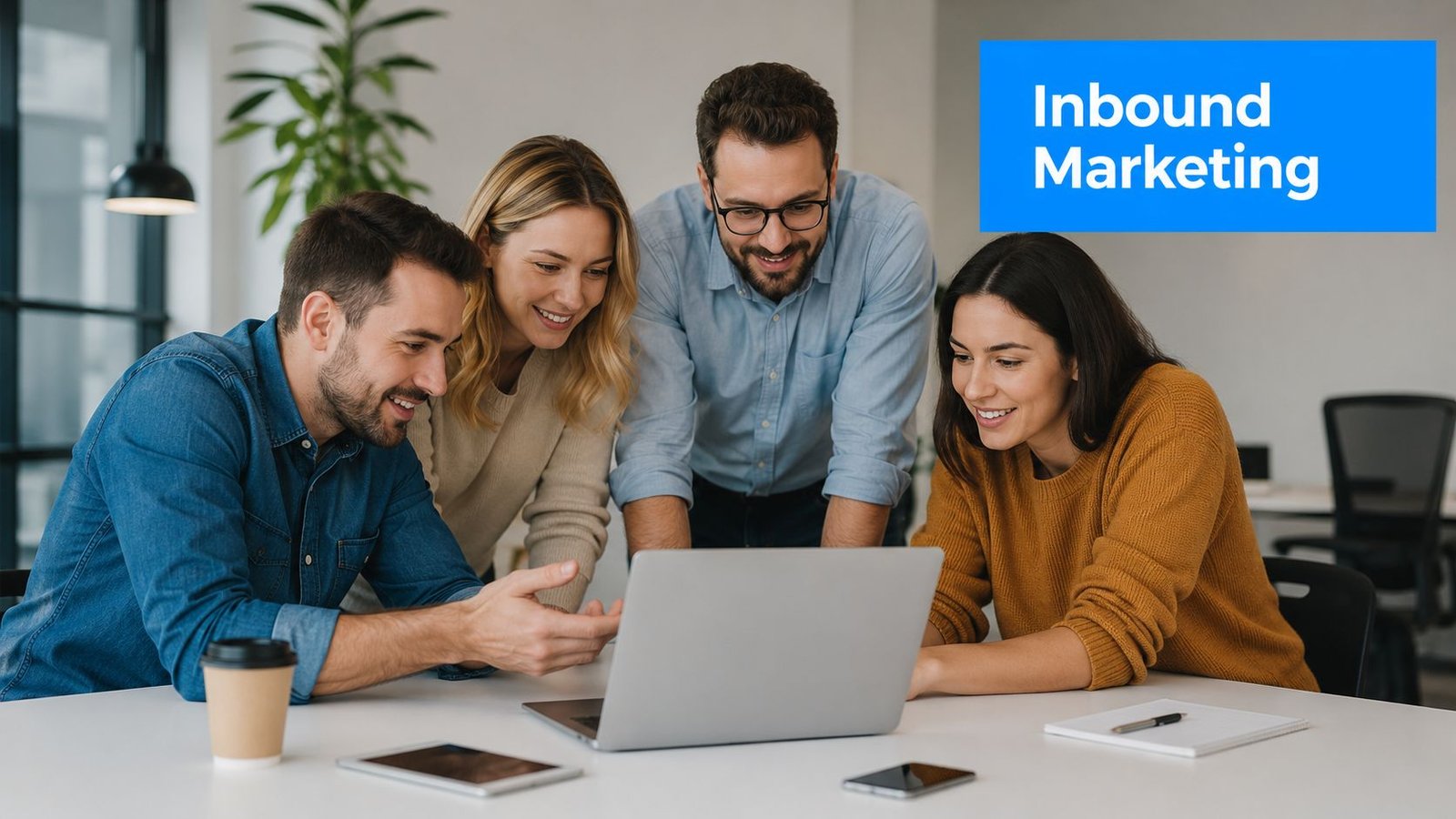 A professional team collaborating on an inbound marketing strategy while reviewing content on a modern laptop.