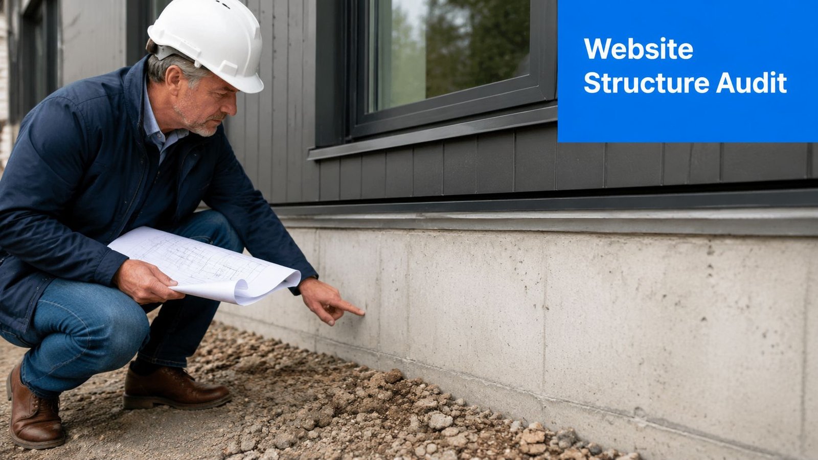 A professional construction inspector examining a building foundation while holding technical architectural blueprints outdoors.