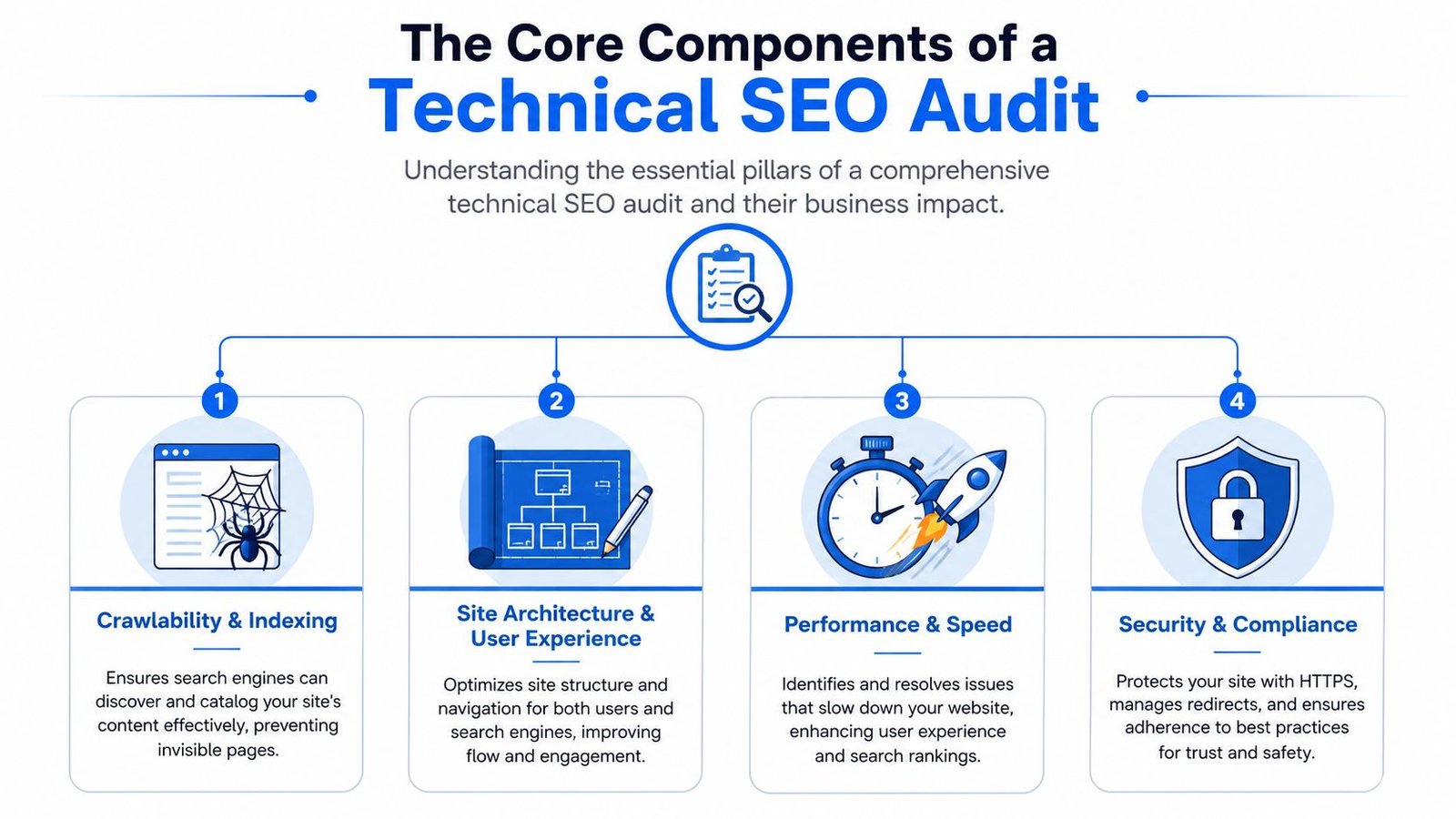 A diagram illustrating the four core components of a technical SEO audit including performance and security.