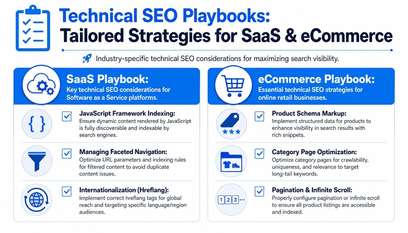 A visual guide illustrating technical SEO strategies for SaaS and eCommerce platforms including indexing and schema markup.