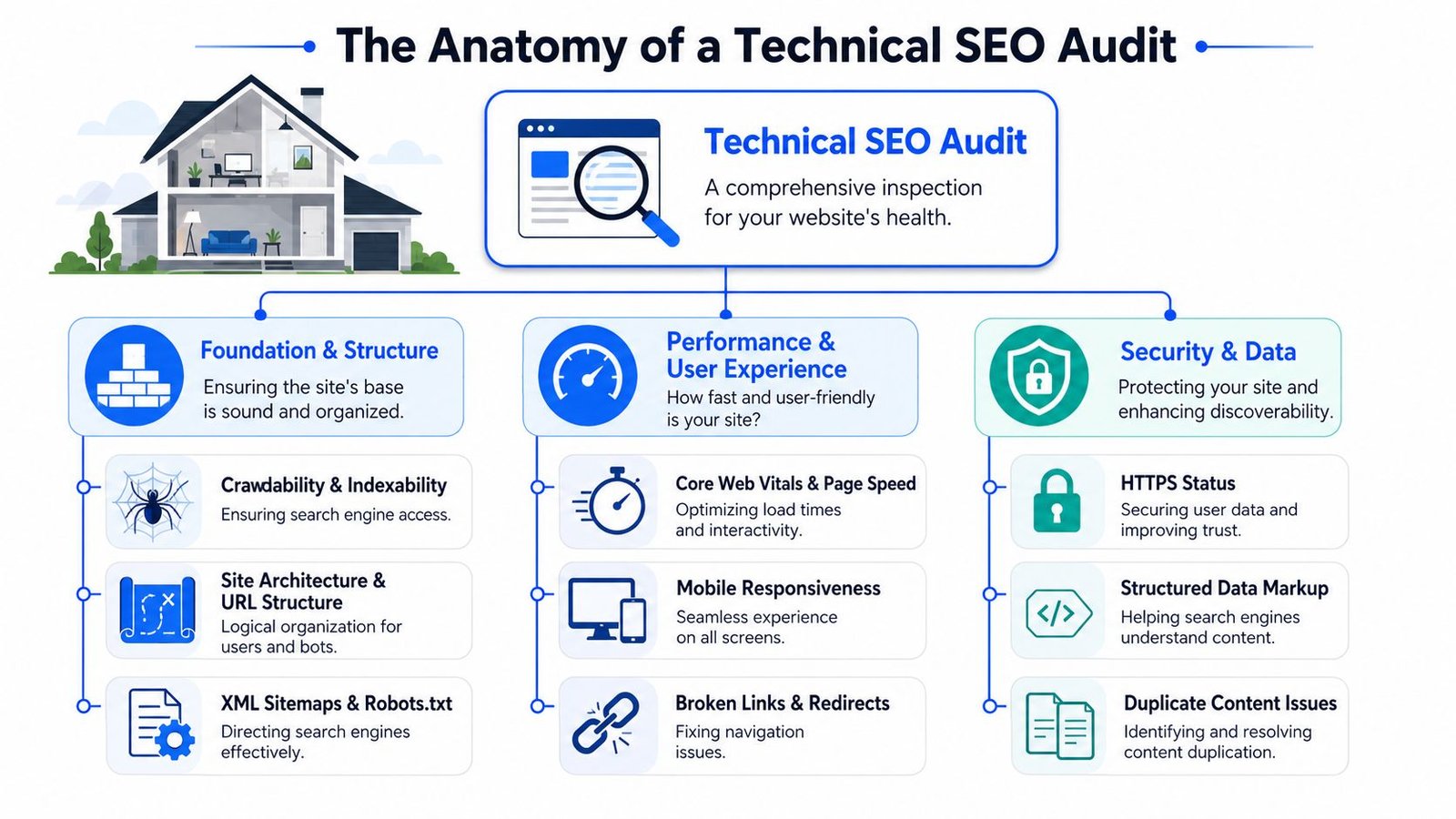 An infographic titled The Anatomy of a Technical SEO Audit detailing foundation, performance, and security elements.