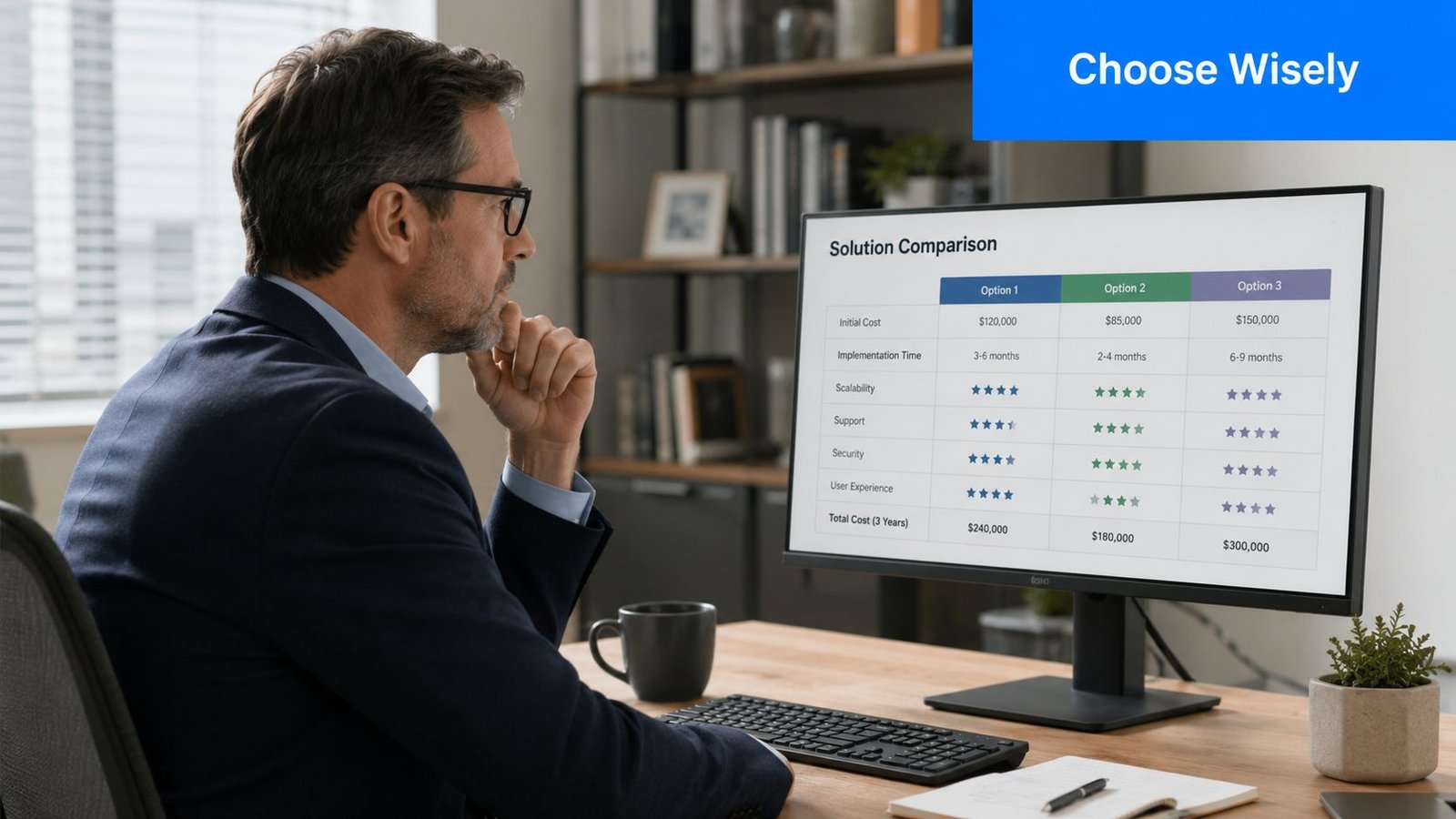 A professional man sitting at a desk reviewing a solution comparison chart on a computer monitor.